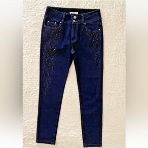 Luxe Moda Denim Jeans Embellished Dark Blue Beading Front Back Pockets Sz 8